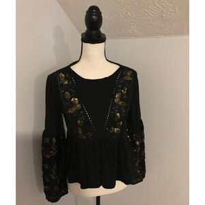 Anthropologie Neale Black Sequined Peplum Top - Size Extra Small
